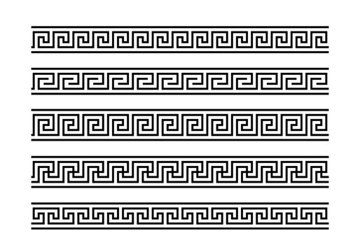 Greek Key Ornaments Collection. Meander Pattern Set. Repeating Geometric Meandros Motif. Greek Fret Design. Ancient Decorative Border. Vector