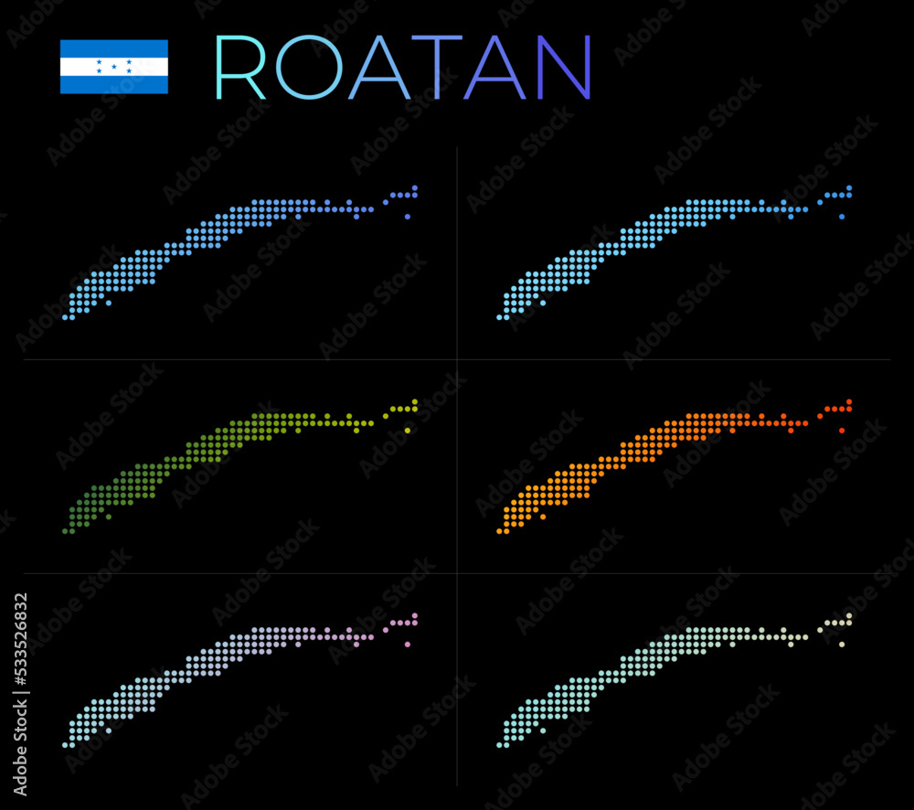 Poster roatan dotted map set. map of roatan in dotted style. borders of the island filled with beautiful sm