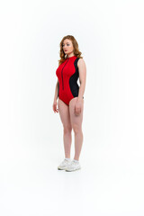 model size posing bodysuit on white background