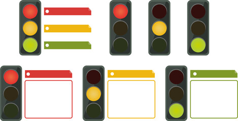 traffic lights with 3 levels, red, orange and yellow, prepared as boxes or buttons in content or web pages, representing 3 levels of difficulty, severity, grades, etc.