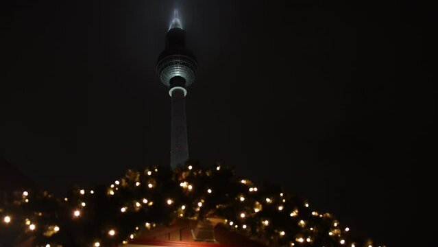 Berlin Television Tower or Berliner Fernsehturm night, The iconic 368 meter tower at Alexanderplatz.