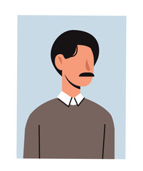 Portrait of man. Young guy with mustache. Avatar for messengers and social networks. Abstract character, poster or banner for website. Fashion, beauty and trend. Cartoon flat vector illustration