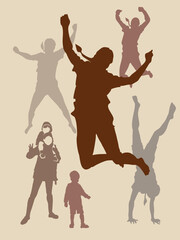 Silhouette of a girls. Jump. Emotions of joy. Children are playing. Move the body