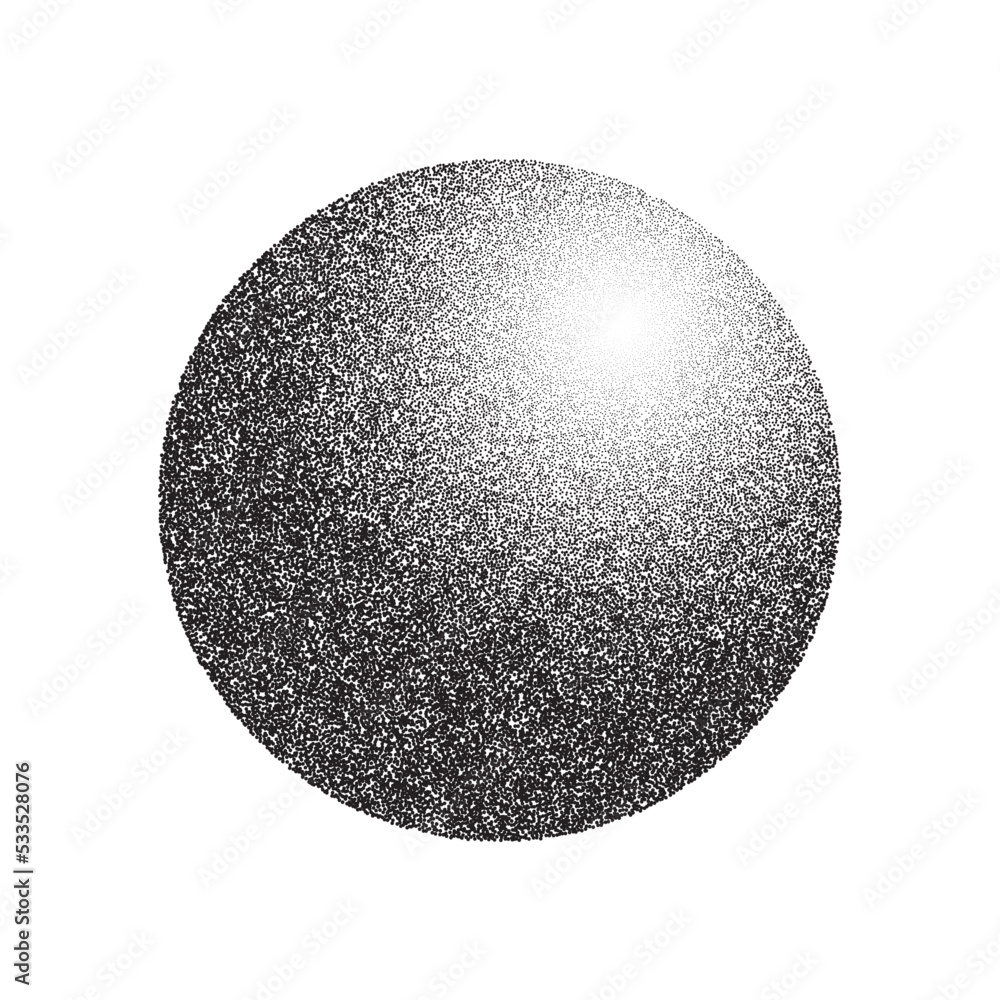 Poster Grain circle gradient. Stippled round shape. Radial stochastic dotwork texture. Random grunge noise background. Black dots sphere. Halftone vector 