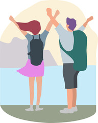 couple man and woman on vacation in nature happy stretching their arms in a sign of joy