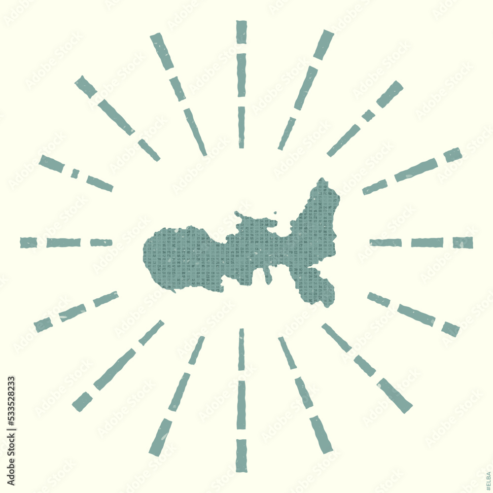 Poster elba logo. grunge sunburst poster with a map of the island. the shape of elba is filled with hex dig