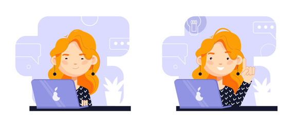 Diptych, a cute girl works at a computer and an idea comes to her mind