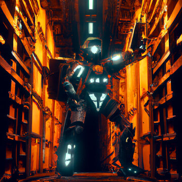 Inside Cargo Loader Mech Digital Illustration Of Science Fiction Scene With Robot Astronaut Controlling Heavy Industrial Mech Robot Inside Dark Industrial Space. Concept Art Poster Design.