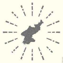 North Korea Logo. Grunge sunburst poster with map of the country. Shape of North Korea filled with hex digits with sunburst rays around. Appealing vector illustration.