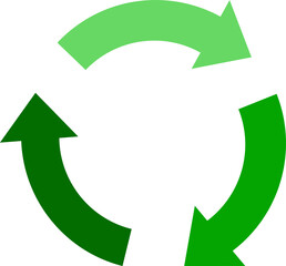 Round recycle logo or symbol. 3 thick arrows with 3 shades of green.