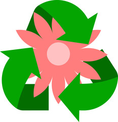 Pink flower in a green recycling symbol.