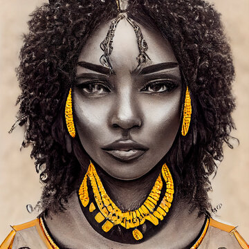 Drawing of a beautiful and powerful african woman portrait with golden acessories