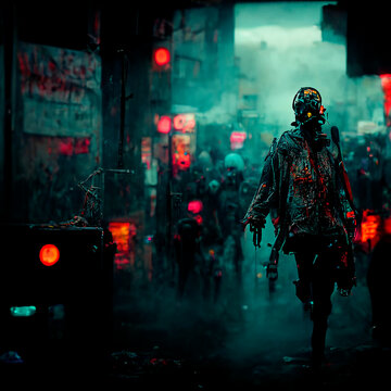Cyberpunk zombie in apocalyptic city. AI generated