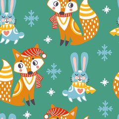 Naklejka na ściany i meble Seamless pattern christmas animals vector illustration green