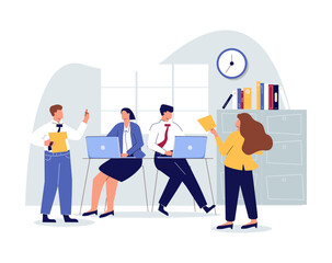 Collection of succesfull team illustrations . Bundle of men and women taking part in business meeting, negotiation