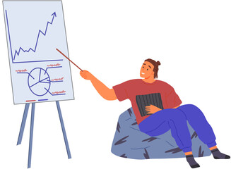Man showing business diagram on presentation board. Guy points to bar chart graphic report on flipchart. Business statistics and data analysis concept. Businessman works with statistical indicators