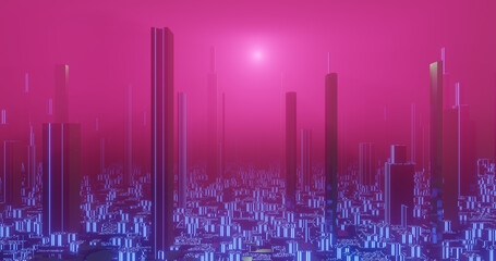 CG render amine city skyline with thick pink smog