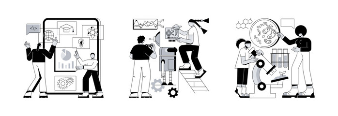 Fun learning activities abstract concept vector illustration set. STEM education, engineering for kids, science camp, technology class, laboratory experiment, early development abstract metaphor. © Vector Juice