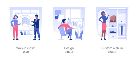 Walk-in closet layout isolated concept vector illustration set. Wardrobe plan, walk in closet 3D model, custom design project, interior software, furniture contractor service vector cartoon.
