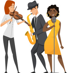 Jazz musician saxophone player with sax stands on white background. Vector man in suit playing musical instrument. Saxophonist playing on blowing musical instrument jazzman, brass orchestra concert