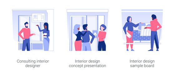 Interior design services isolated concept vector illustration set. Consulting interior designer, concept presentation, 3d rendering software, sample board, architect service vector cartoon.