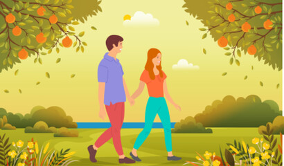 Family walks in city park. Young people in relationship spending time together oudoor. Couple in love walking by handle in forest. Guy and girl communicate and relax in spring or summer garden