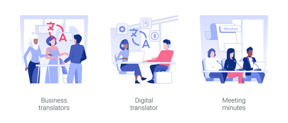 International business meeting isolated concept vector illustration set. Business people talking to translators, international negotiation, digital translator, meeting minutes vector cartoon.