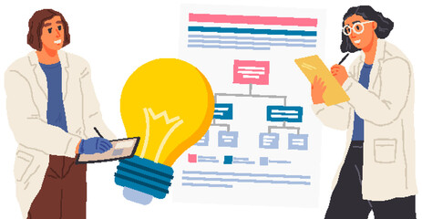 Search for solutions, strategy planning, project creation. People in lab coats create plan of new project. Colleagues work with generating ideas. Scientists develop research with light bulb invention