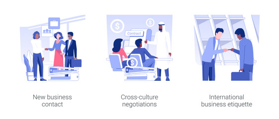 Business meeting at conference isolated concept vector illustration set. New business contact, cross-culture negotiations, international business etiquette, partnership idea vector cartoon.