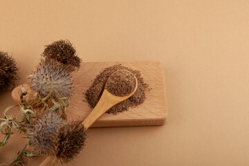 Milk Thistle pomace or Silybum marianum extract in wooden spoon. Strong antioxidant. Herbal...