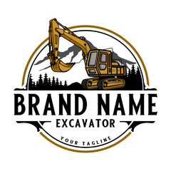 excavator design logo. heavy equipment excavator machines for land clearing, road building, construction, builders.  © rina