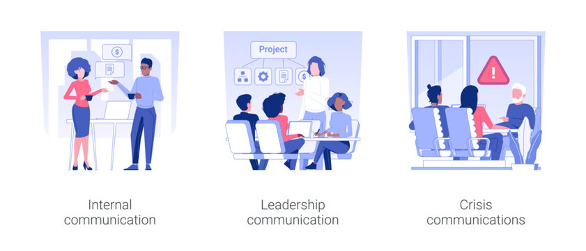 Business communication isolated concept vector illustration set. Internal communication, corporate leadership thinking, anticrisis strategy, business etiquette, company rules vector cartoon.