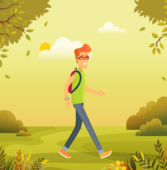 Smiling man walking in city park with backpack. Guy in summer forest or garden. Full length view boy in casual clothes walking outdoor. Happy teenager or tourist spends time in nature landscape