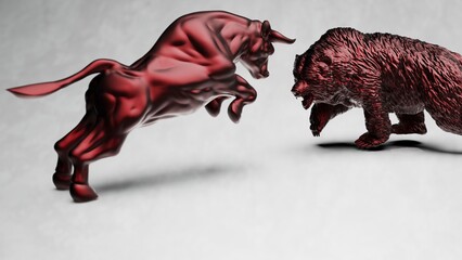 Red metallic bull and bear sculpture staring at each other in dramatic contrasting light representing financial market trends under white-black background. Concept 3D CG of stock market trends.