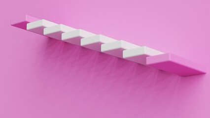 Pink stairs leading to white top and bottom step under pink background. Concept 3D CG of success process, cramming for exams and road to wealth.