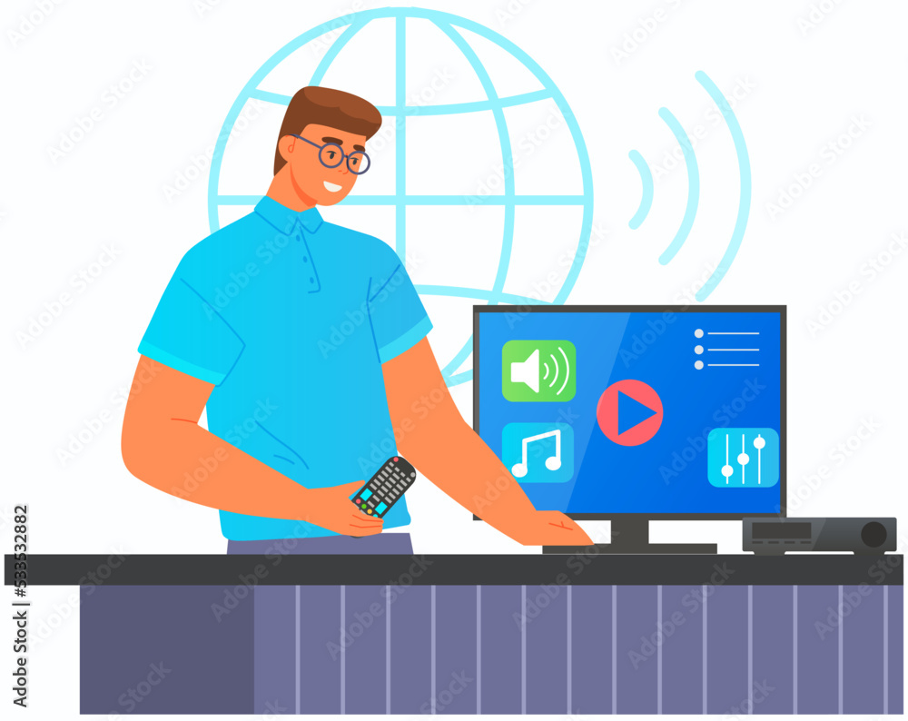 Poster guy surfing web sites or watching video. digital services, internet program technology. man using wo