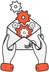 Searching for ideas and solutions, business process running, startup, work motion concept. Gears in evelope as symbol of email setting. Software or maintenance, mailing via Internet technology