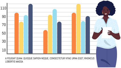 Data analysis research statistics concept. Work with statistics, strategy, business development. Female employee makes presentation of results of statistical research. Work with digital technologies