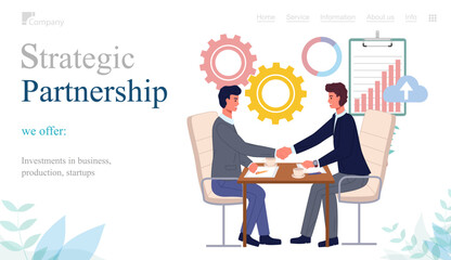 Strategic partnership website template vector illustration. Businessmen shaking hands after signing contract agreement. Business meeting of partners, cooperation. Male colleagues closing deal