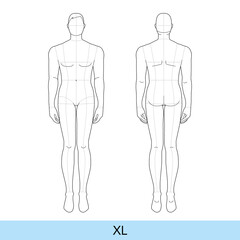 Fototapeta na wymiar Set of XL Size Men Fashion template extra large 9 head with main line Croquis plus size model Curvy body figure front, back view. Vector sketch boy for Fashion Design, Illustration, technical drawing