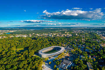 Newly reconstructed Kaunas Darius and Girenas football stadium, largest in Lithuania. Aerial view...