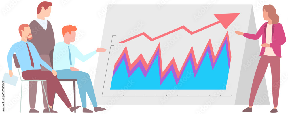 Poster manager makes presentation of statistical report analysis charts. planning business. teamwork consul