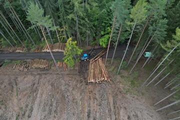 The harvester working in a forest. Harvest of timber. Firewood as a renewable energy source.aerial...