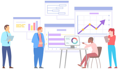 Manager makes presentation of statistical report analysis charts. Planning business. Teamwork consulting for project management, financial reporting and strategy. Data analysis research statistics