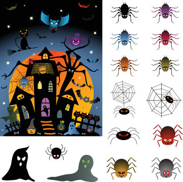 Halloween spooky house with bats, pumpkins, spiders, ghosts and spider webs 