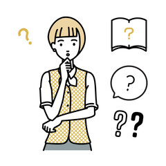 立って手をあごにあてて疑問を感じている事務員制服の女性 クエスチョンマークのセット