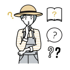 立って手をあごにあてて疑問を感じている農家の女性 クエスチョンマークのセット