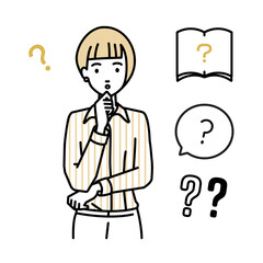 立って手をあごにあてて疑問を感じているブラウスの女性 クエスチョンマークのセット