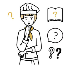 立って手をあごにあてて疑問を感じている調理師の女性 クエスチョンマークのセット