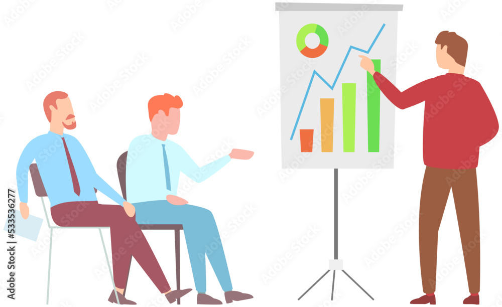 Poster manager makes presentation of statistical report analysis charts. planning business. teamwork consul